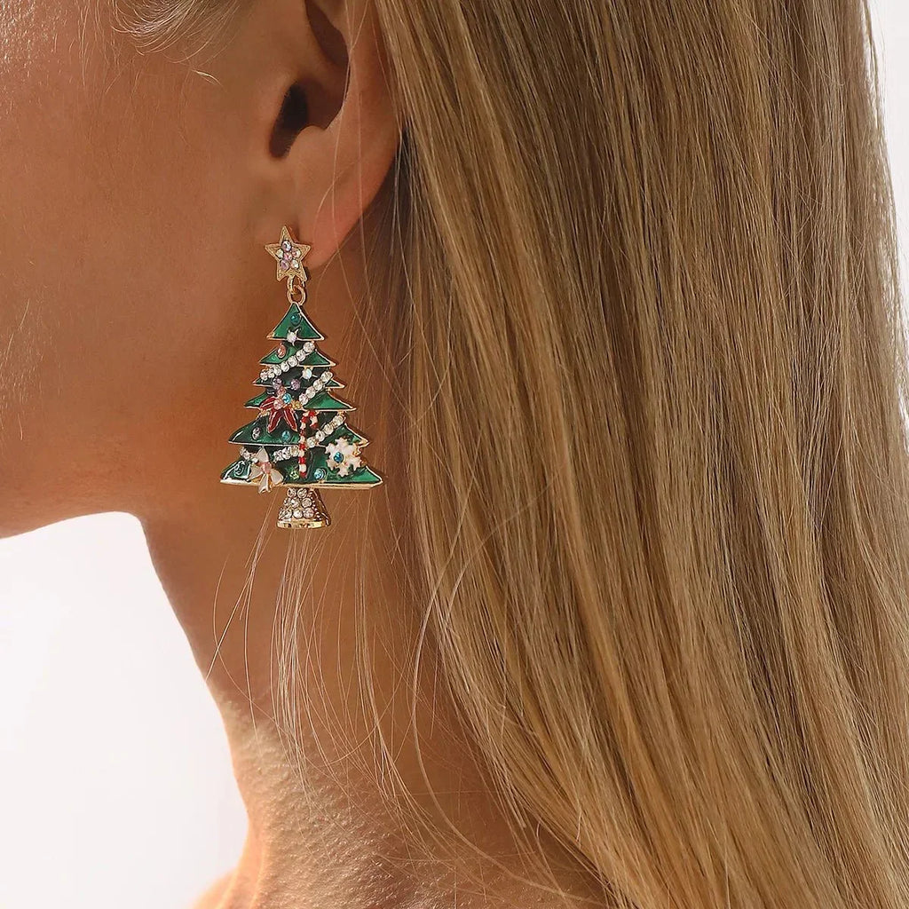 Christmas Tree Dangle Earrings, 18K Gold-Plated, 2.1 in