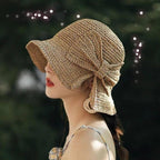 Summer Hat with Brim and Bow for Women - Breathable, 57 cm, Khaki or Blue