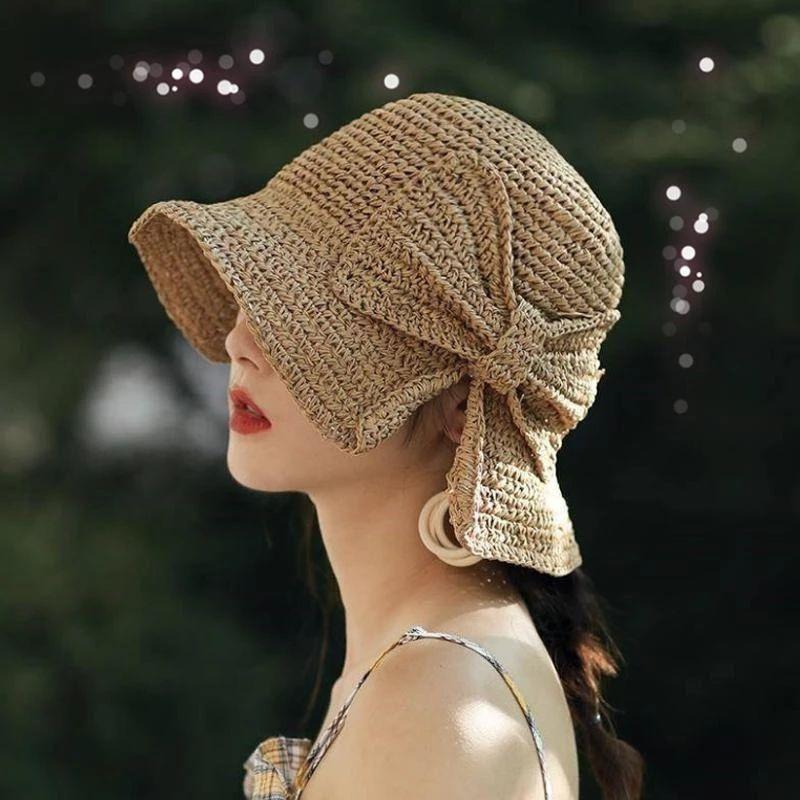 Summer Hat with Brim and Bow for Women - Breathable, 57 cm, Khaki or Blue