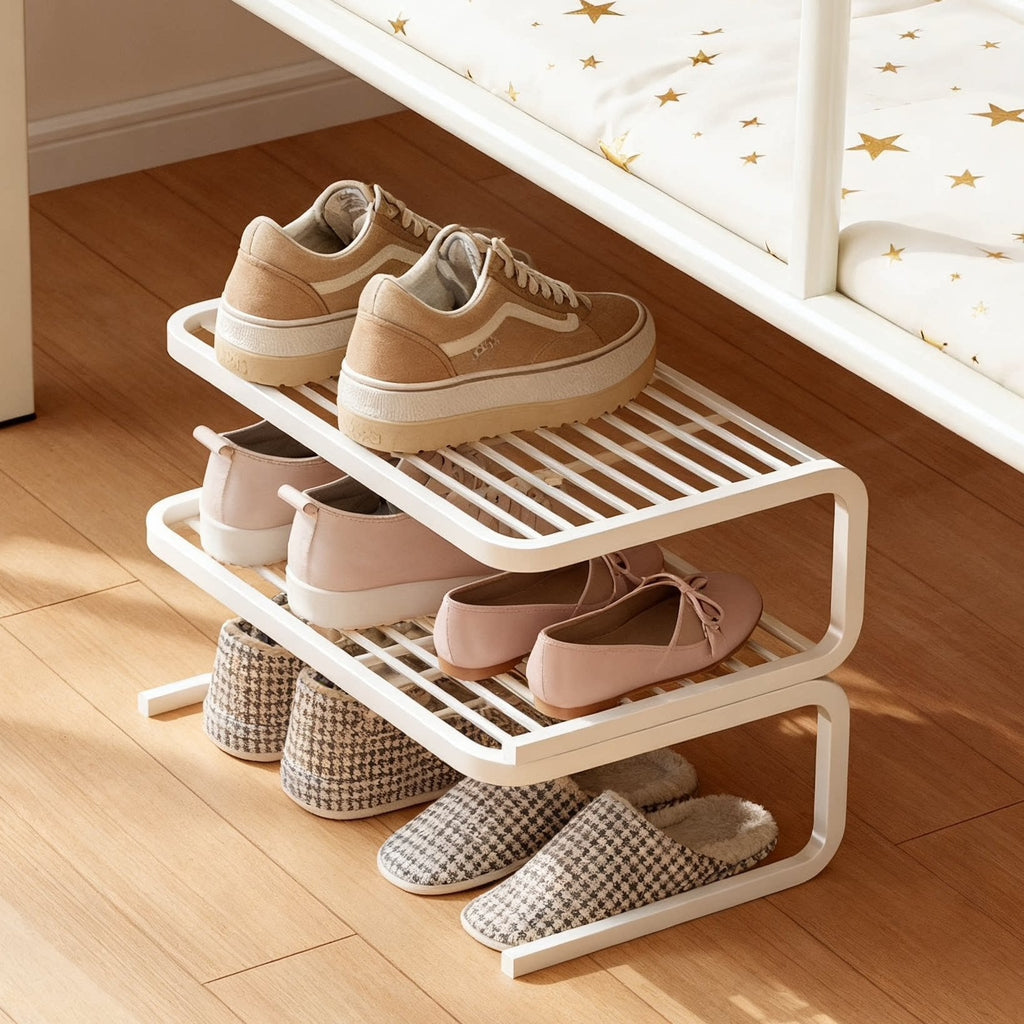 Compact Low-Profile Two-Tier Powder-Coated Metal Shoe Rack