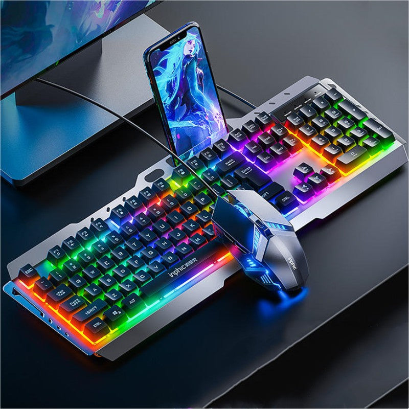 Metal Mechanical Keyboard and Mouse Set - 26-Key Anti-Ghosting, Phone Holder