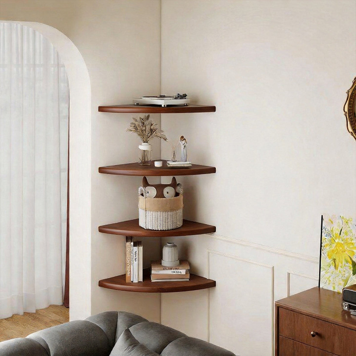 Curved Floating Corner Shelf, Wood-Effect Board, Heavy-Duty Metal Brackets