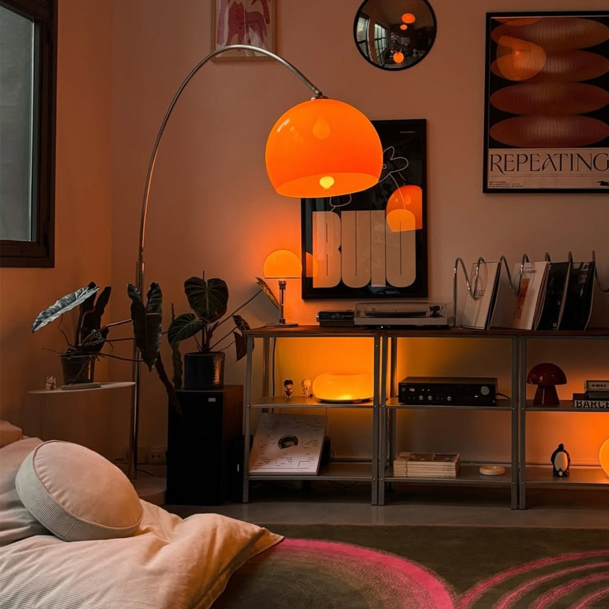 Curvilinear Arc Floor Lamp with Adjustable Height and Plastic Shade