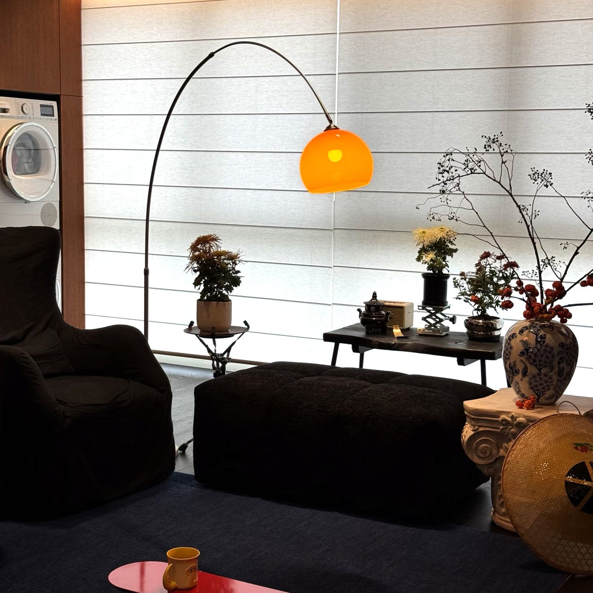 Curvilinear Arc Floor Lamp with Adjustable Height and Plastic Shade