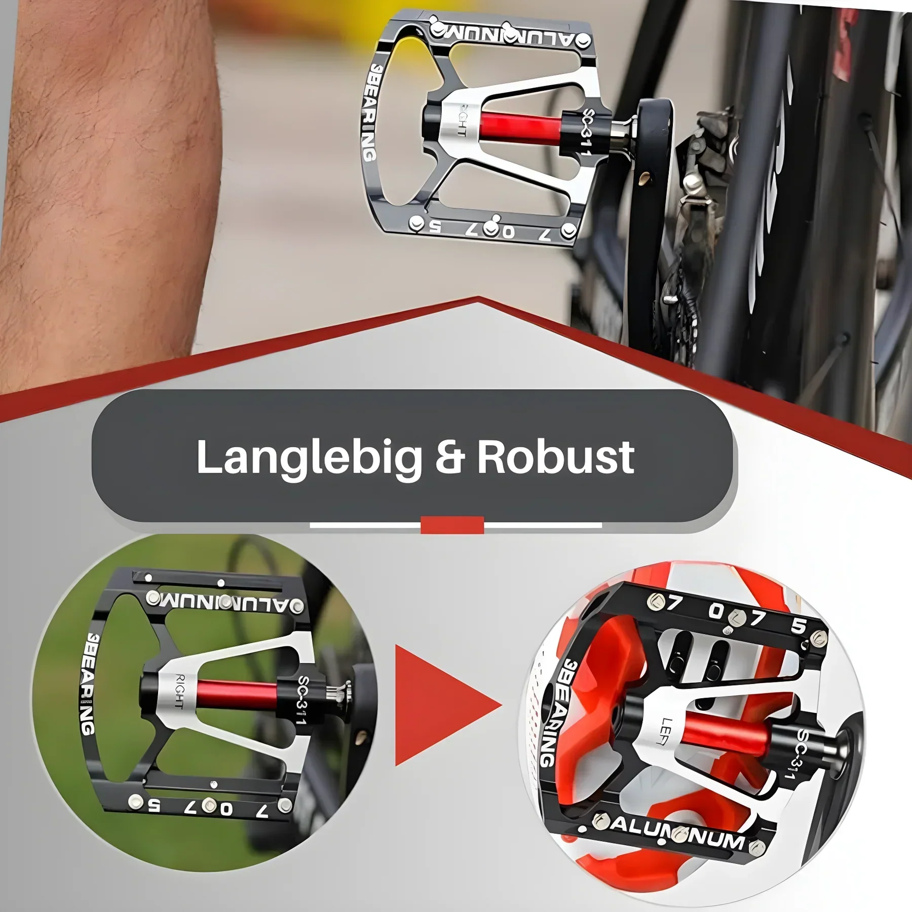 Lightweight Aluminium Bicycle Pedals - Non-Slip Grip, Ball Bearings, view 6
