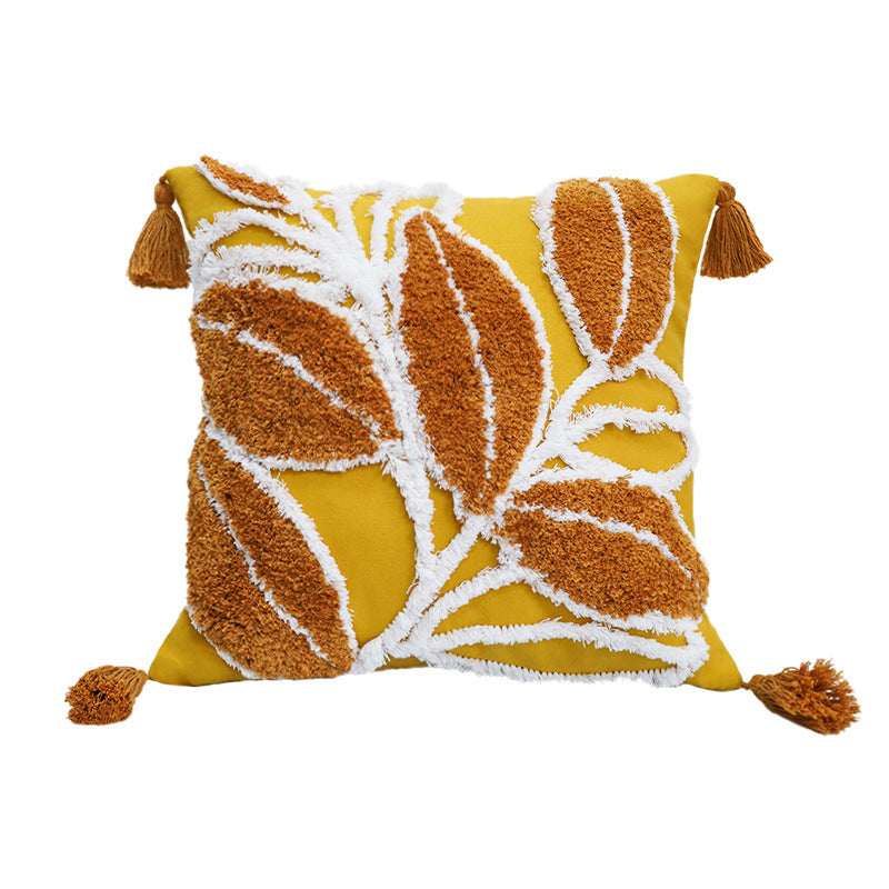 Decorative Cushion Cover with Leaf Tufting and Corner Tassels