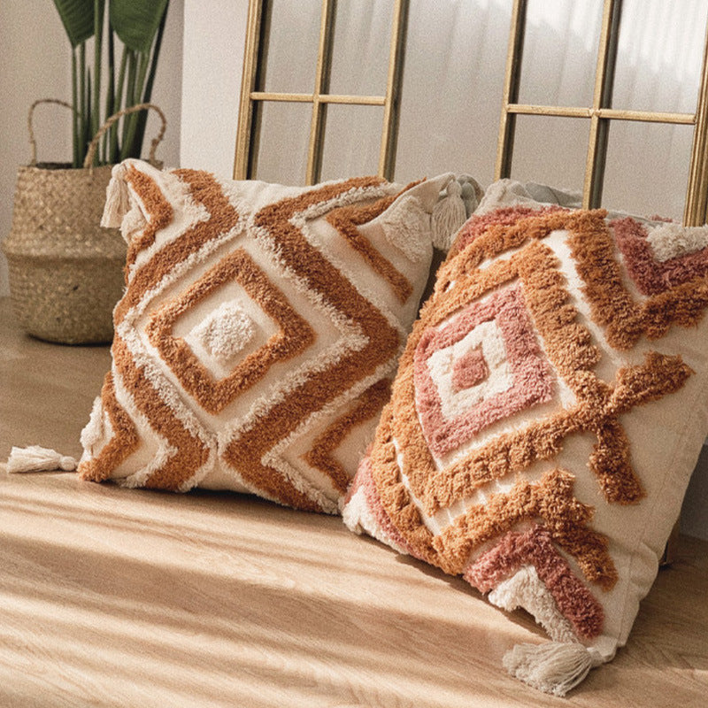 Decorative Cushion Cover with Leaf Tufting and Corner Tassels