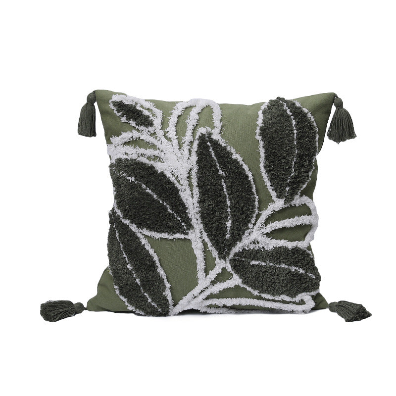 Decorative Cushion Cover with Leaf Tufting and Corner Tassels