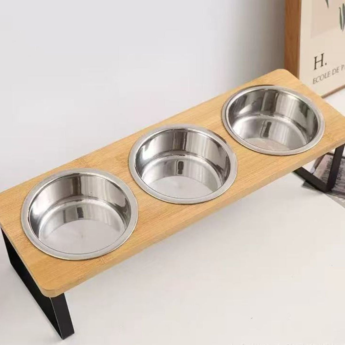 Elevated Dog Bowl with Removable Stainless Steel Bowls and Bamboo Stand