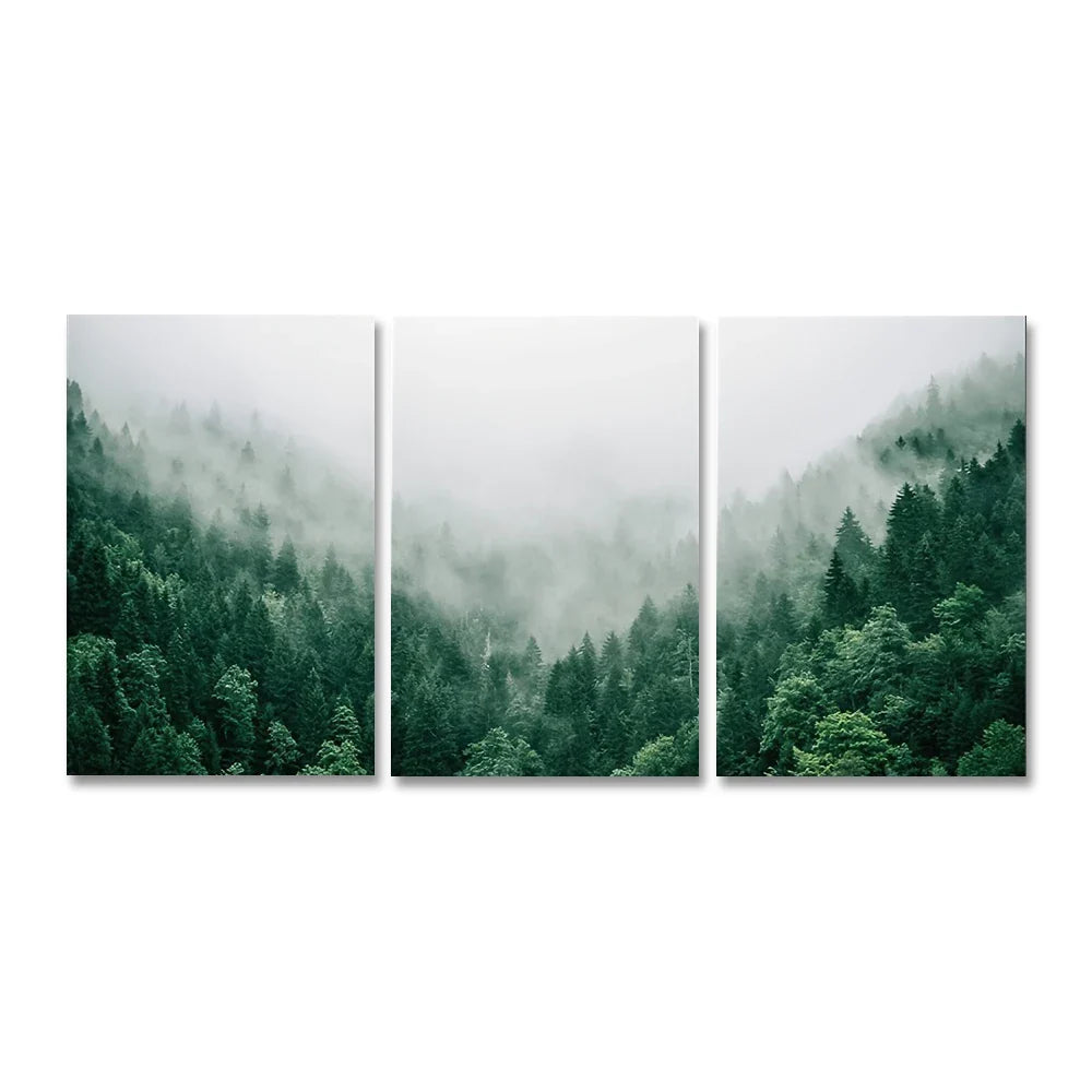 Trio of Misty Forest Canvas Prints for Serene Home Decor | Welvere-Welvere