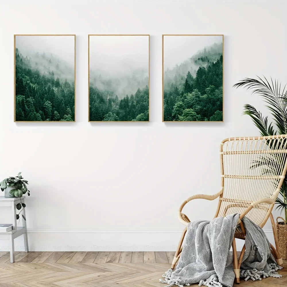 Trio of Misty Forest Canvas Prints for Serene Home Decor | Welvere-Welvere