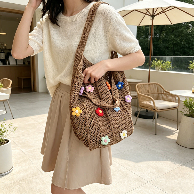 Floral Patterned Crochet Tote Bag with Flower Appliqués