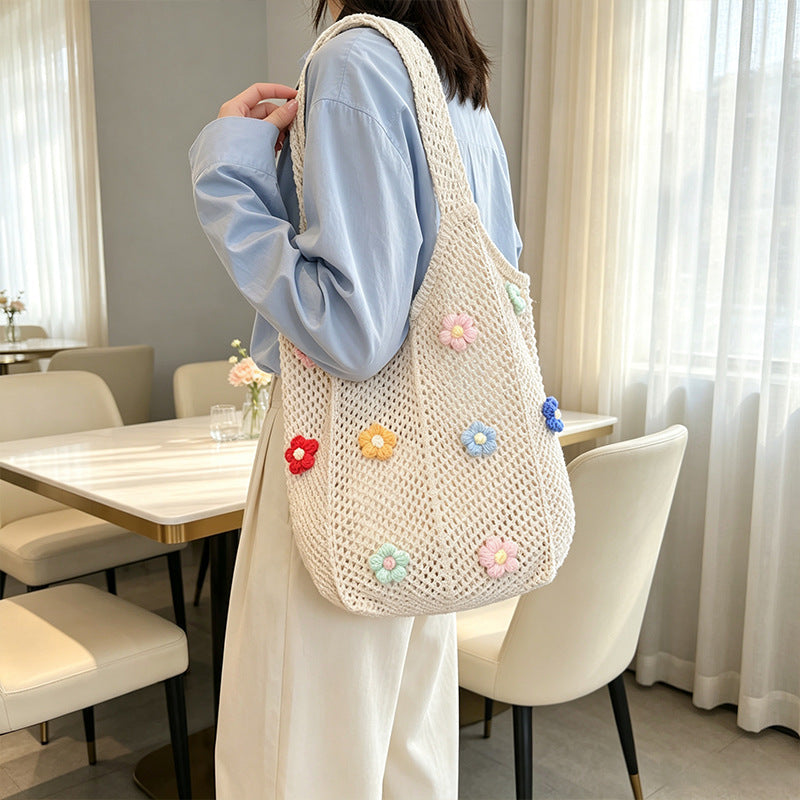 Floral Patterned Crochet Tote Bag with Flower Appliqués