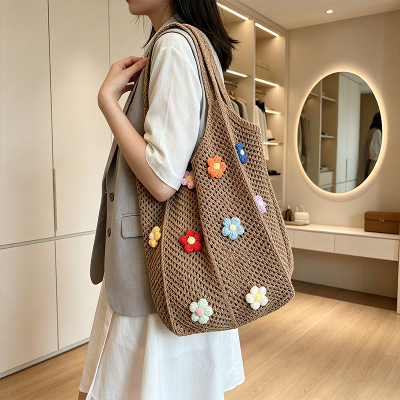 Floral Patterned Crochet Tote Bag with Flower Appliqués