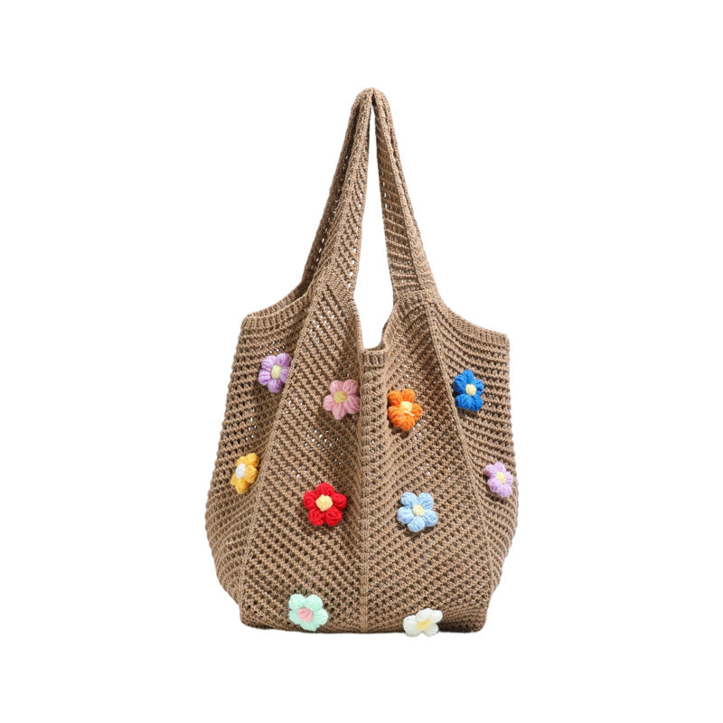 Floral Patterned Crochet Tote Bag with Flower Appliqués
