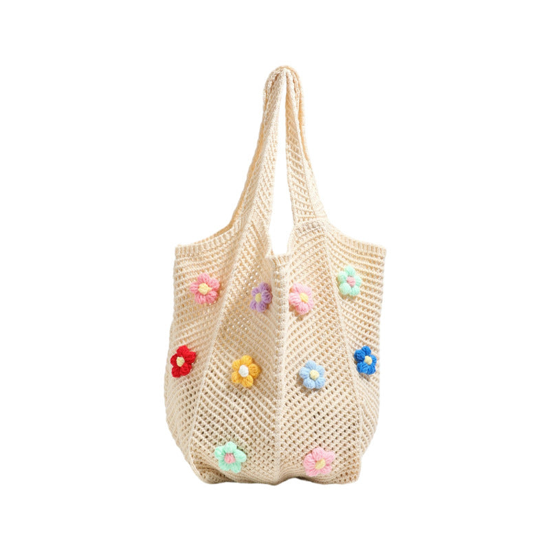 Floral Patterned Crochet Tote Bag with Flower Appliqués