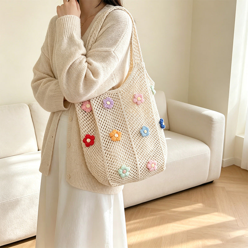 Floral Patterned Crochet Tote Bag with Flower Appliqués
