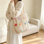 Floral Patterned Crochet Tote Bag with Flower Appliqués