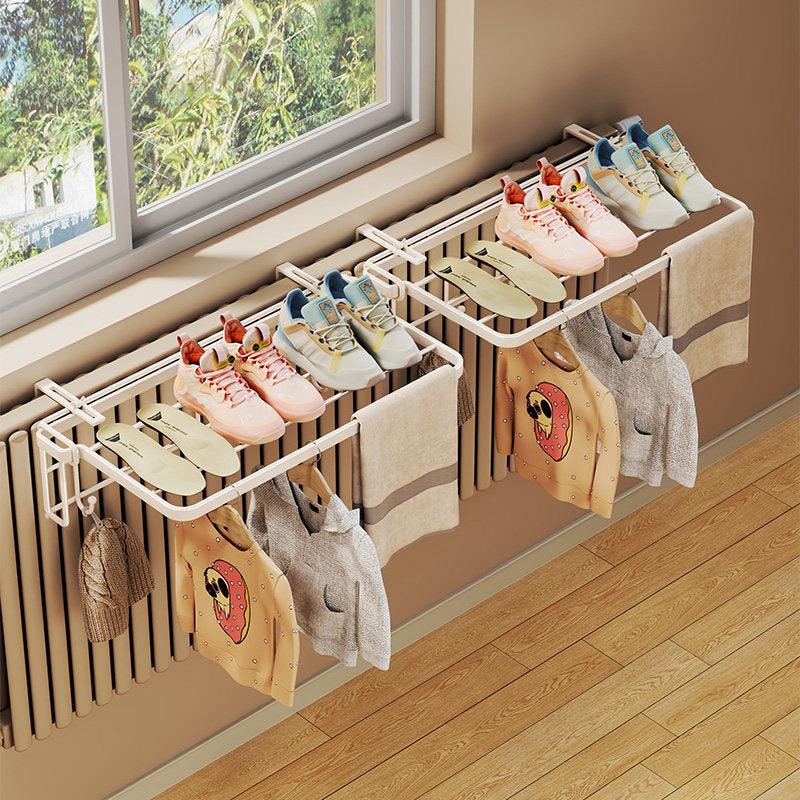 Foldable Radiator-Top Drying Rack with Shoe Shelf and Towel Holder