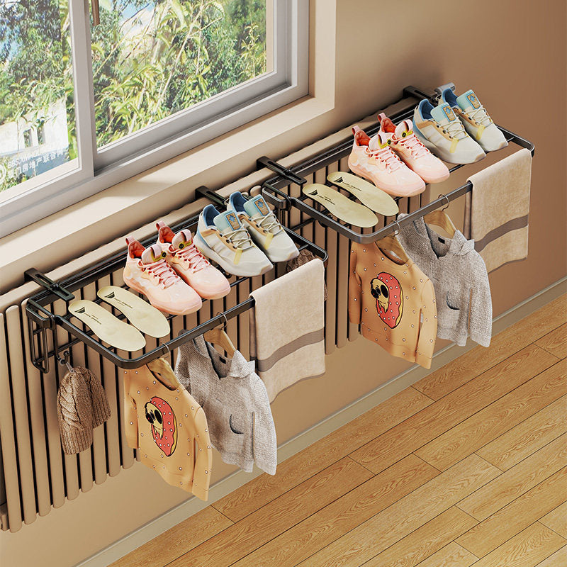 Foldable Radiator-Top Drying Rack with Shoe Shelf and Towel Holder