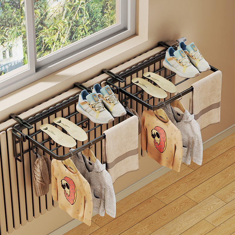 Foldable Radiator-Top Drying Rack with Shoe Shelf and Towel Holder