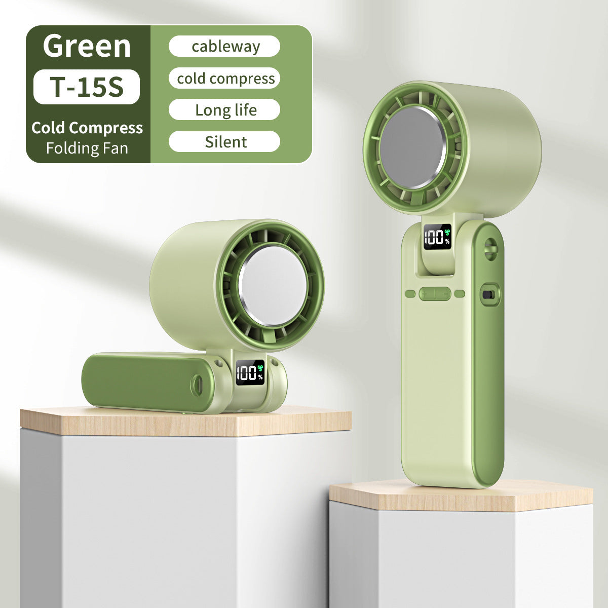 Folding Silent Portable Fan with Cold Compress, Rechargeable Battery