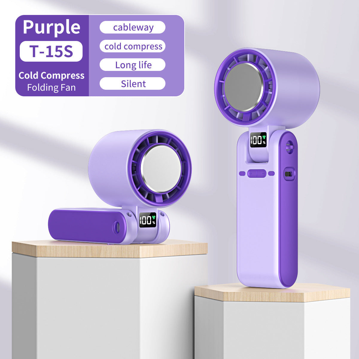 Folding Silent Portable Fan with Cold Compress, Rechargeable Battery