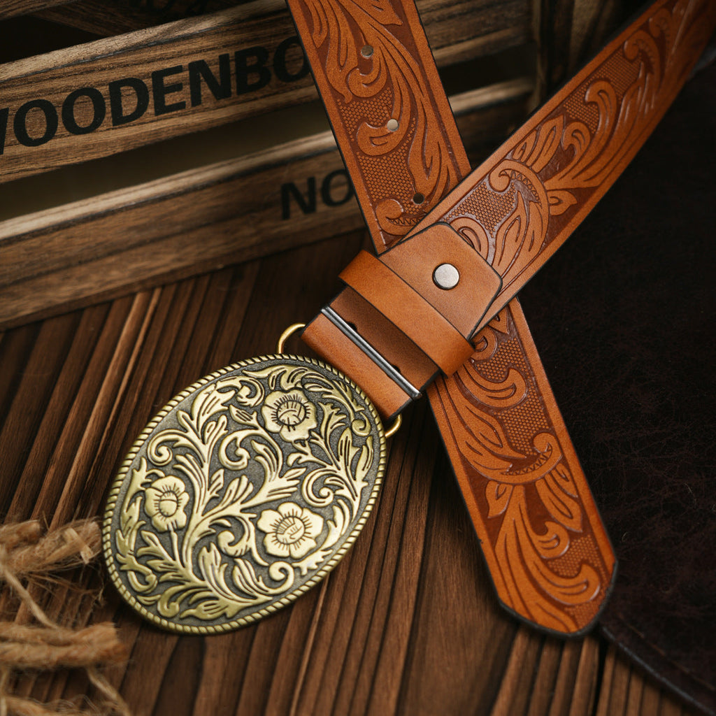 Men's Western Style Vegan Leather Belt - Metal Buckle, Durable