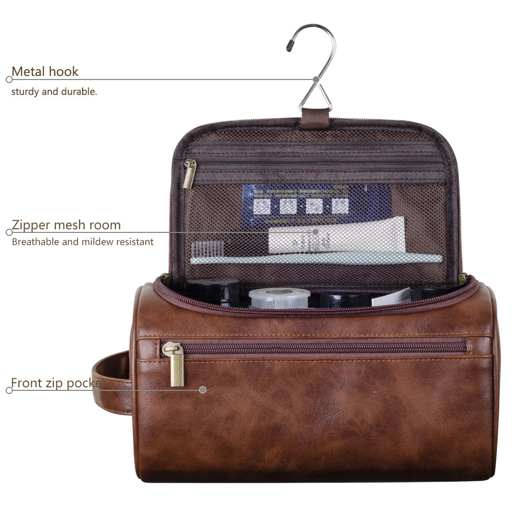 Full-Grain Leather Toiletry Bag, 25 x 13 x 13 cm, Waterproof Lining