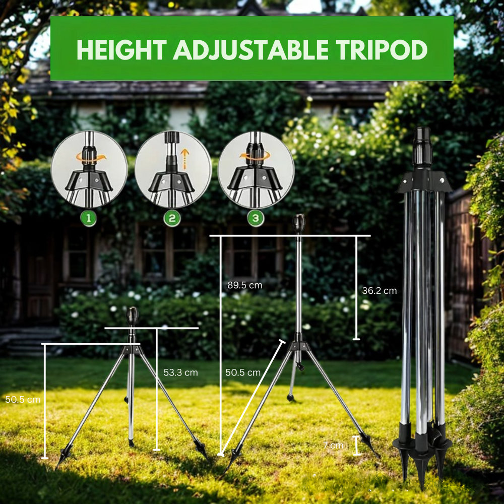 Adjustable 360° Garden Sprinkler on Tripod - Stainless Steel, 8-12 m Spray Range, view 2