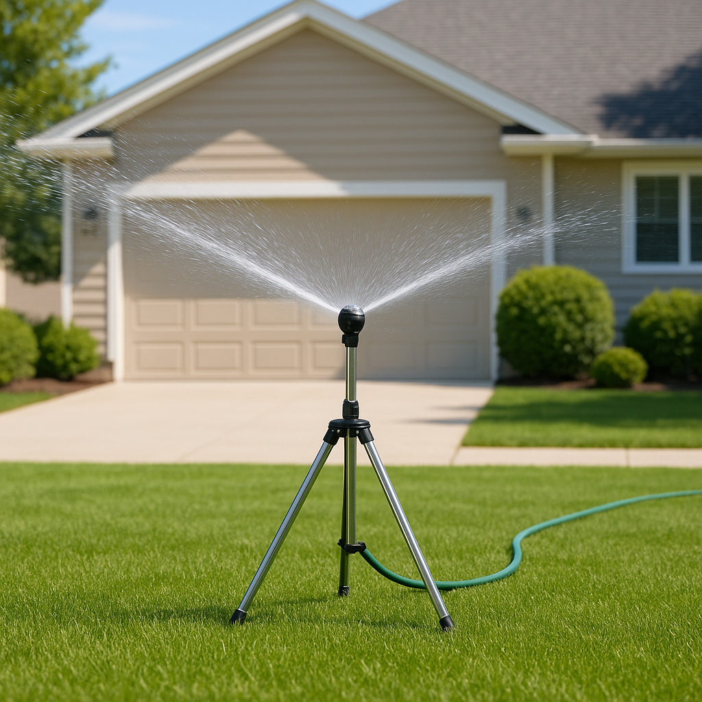 Adjustable 360° Garden Sprinkler on Tripod - Stainless Steel, 8-12 m Spray Range
