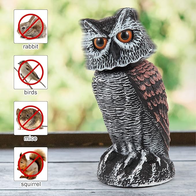 Realistic Outdoor Owl Decoy 2-Pack - Rotating Wind-Activated Head, 27 cm, view 3