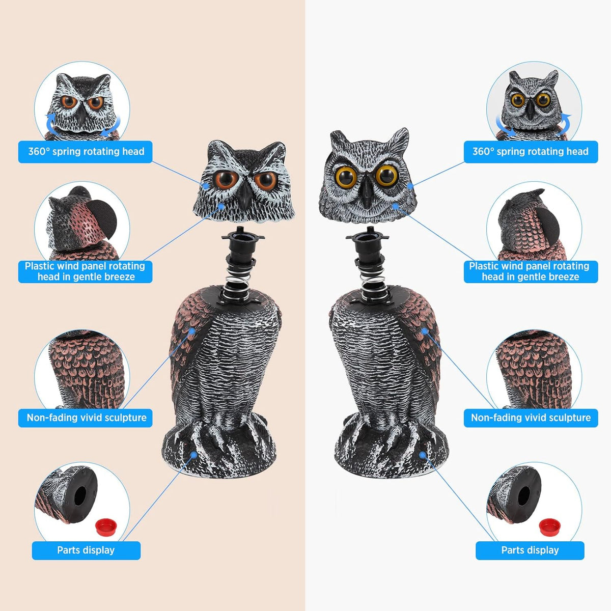 Realistic Outdoor Owl Decoy 2-Pack - Rotating Wind-Activated Head, 27 cm, view 7