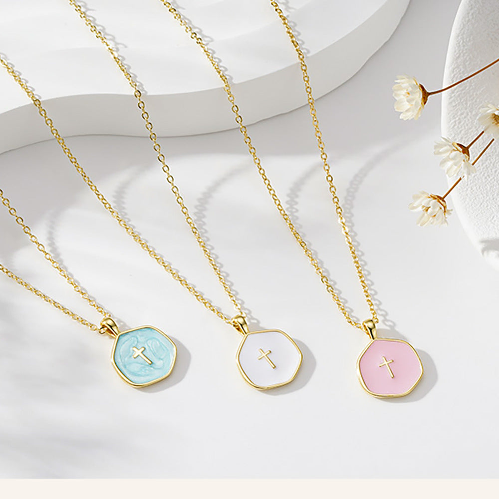 Gold-Finish Octagonal Cross Pendant Necklace with Adjustable Chain