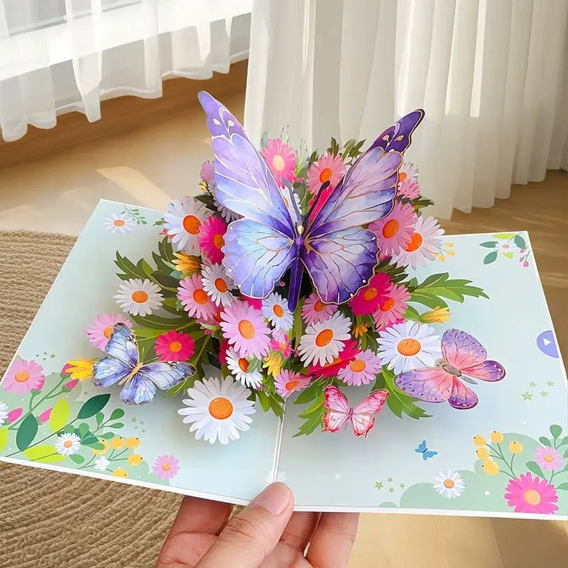 3D Pop-Up Greeting Card with Butterflies and Daisies - Eco-Friendly Cardstock
