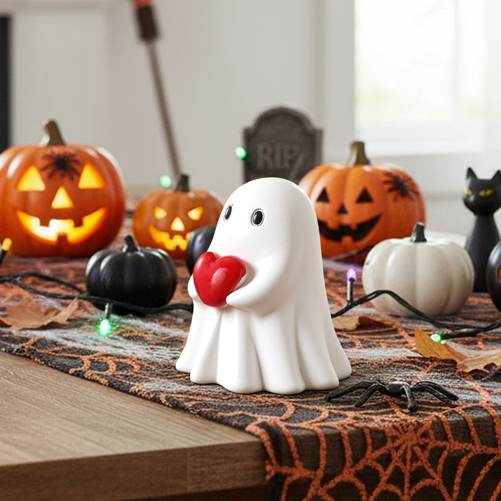 Halloween Ghost Figurine with Red Heart Resin Decoration