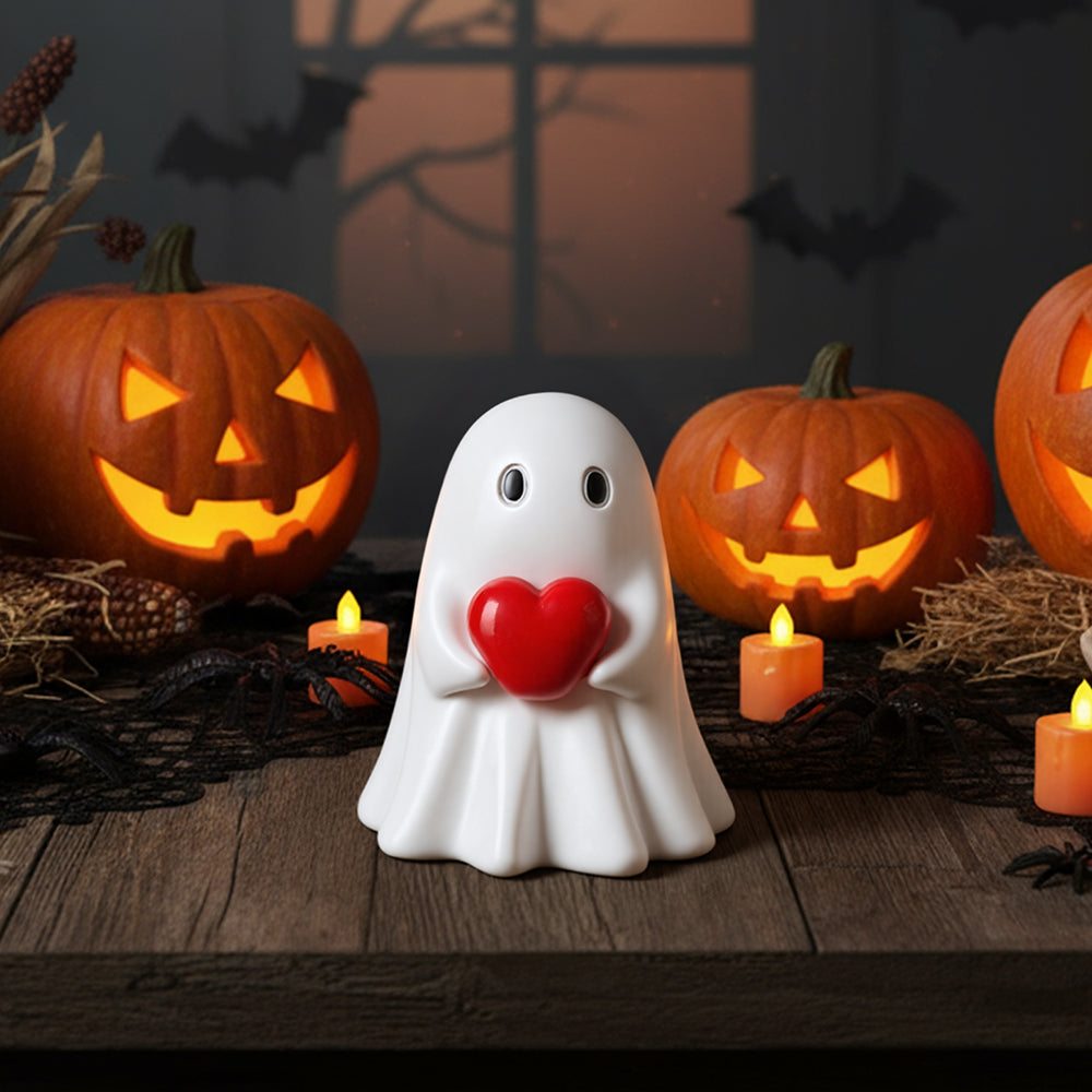 Halloween Ghost Figurine with Red Heart Resin Decoration
