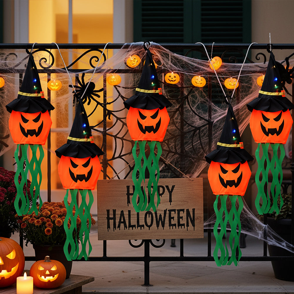 Halloween Hanging Pumpkin Witch Decoration Set of 5 with LED Lights