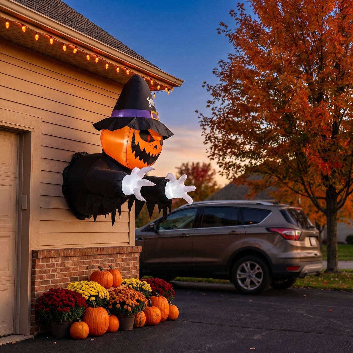 Halloween Inflatable Pumpkin Witch Window Decor with LED Lights
