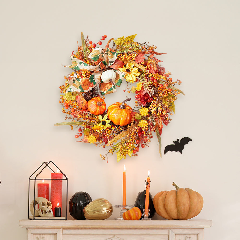 Halloween Pumpkin Wreath Autumn Leaves Front Door Decoration Bow