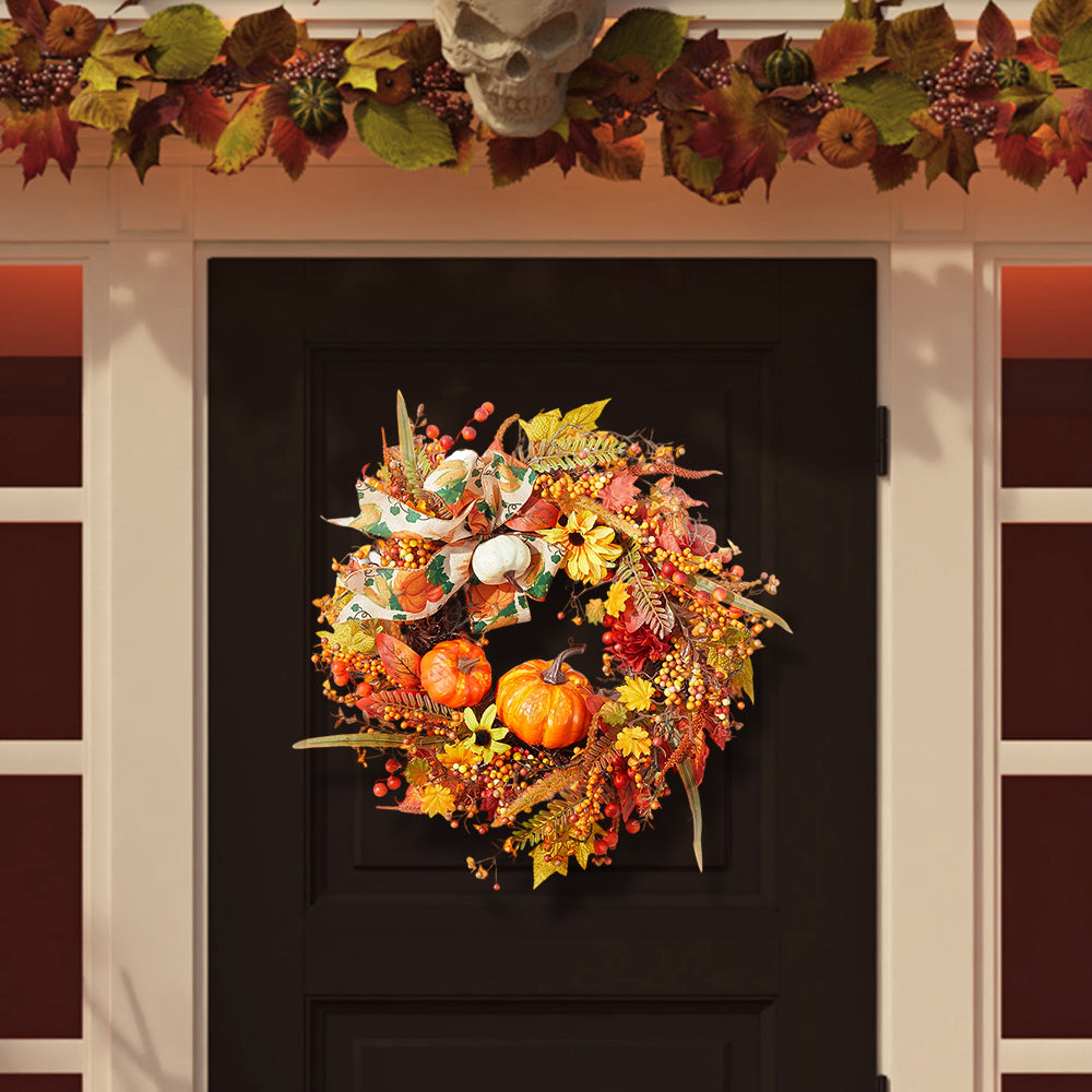 Halloween Pumpkin Wreath Autumn Leaves Front Door Decoration Bow