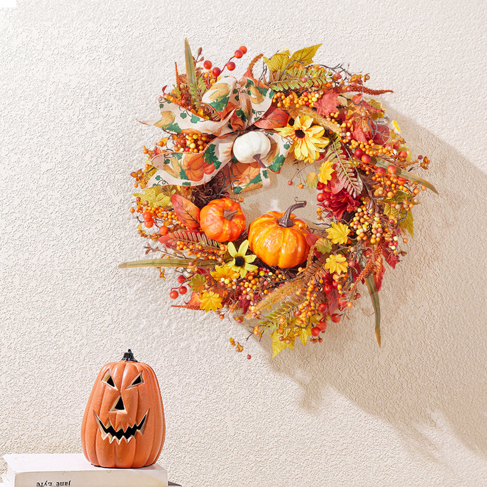 Halloween Pumpkin Wreath Autumn Leaves Front Door Decoration Bow