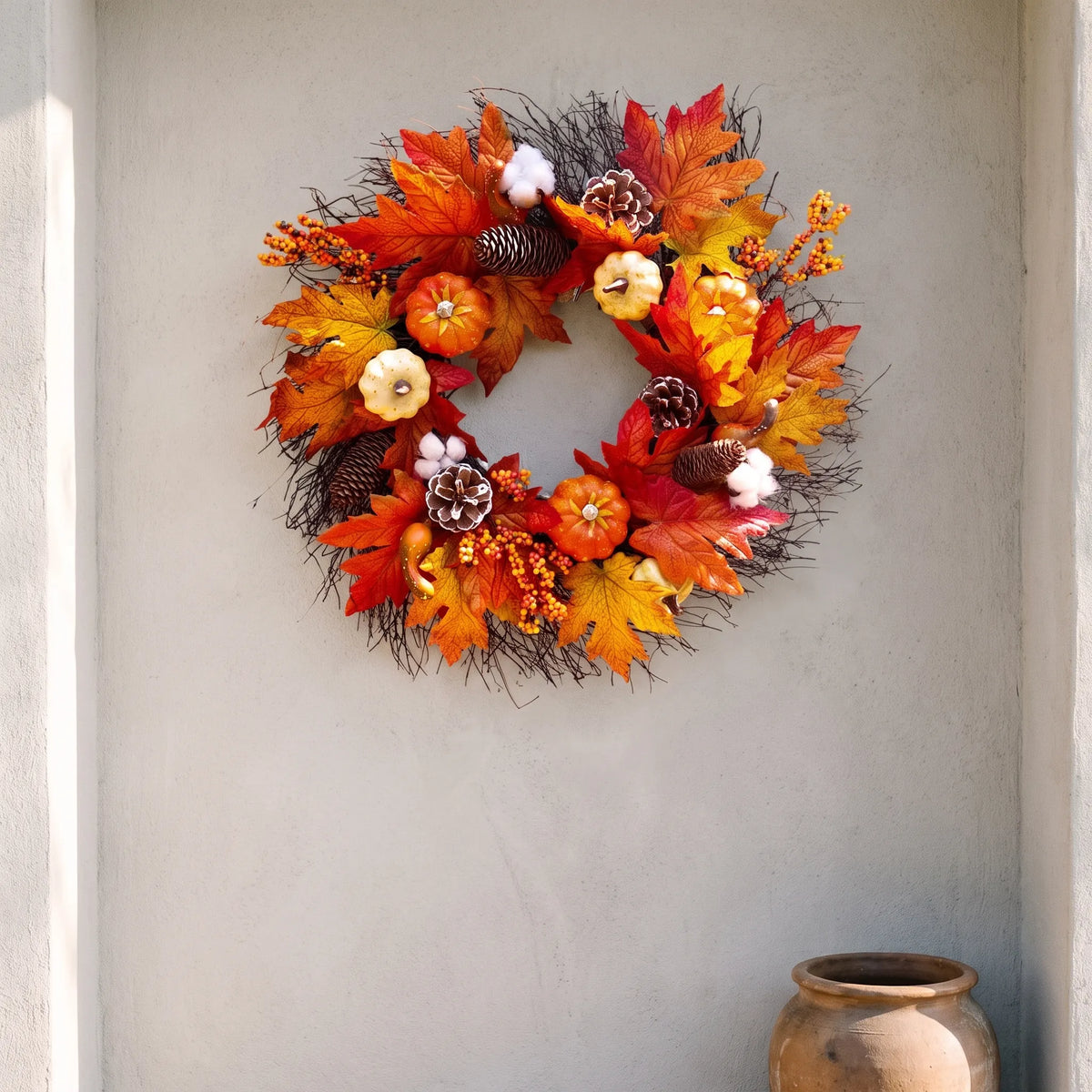 Halloween Pumpkin Wreath with Lights Autumn Leaves Front Door 55cm