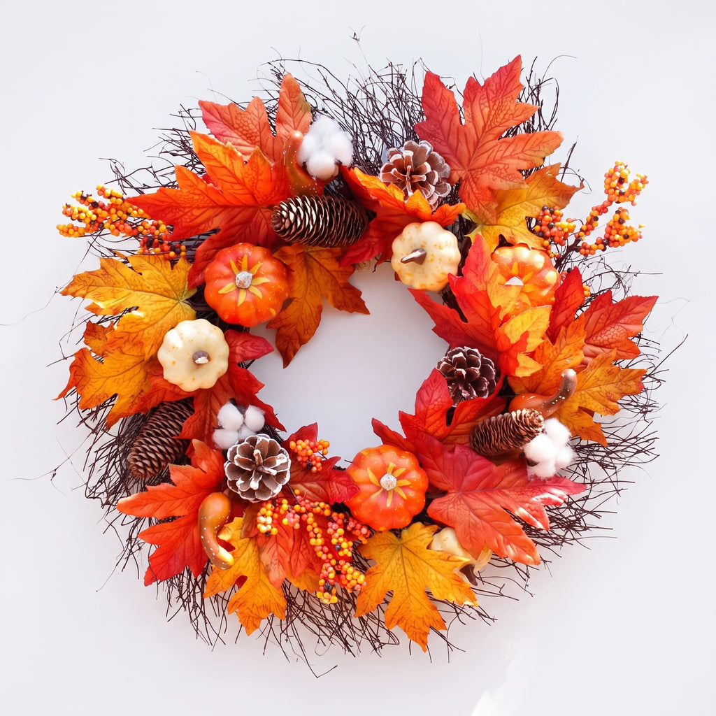 Halloween Pumpkin Wreath with Lights Autumn Leaves Front Door 55cm