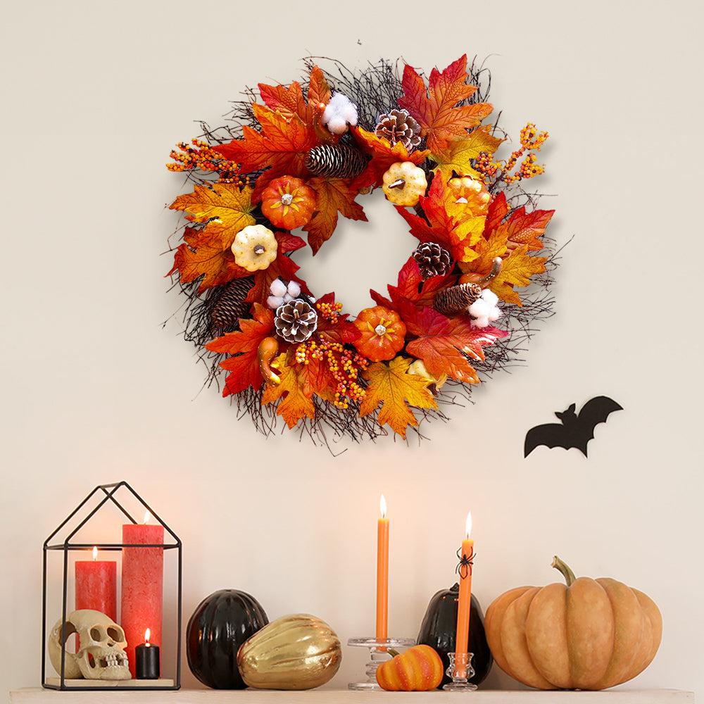 Halloween Pumpkin Wreath with Lights Autumn Leaves Front Door 55cm