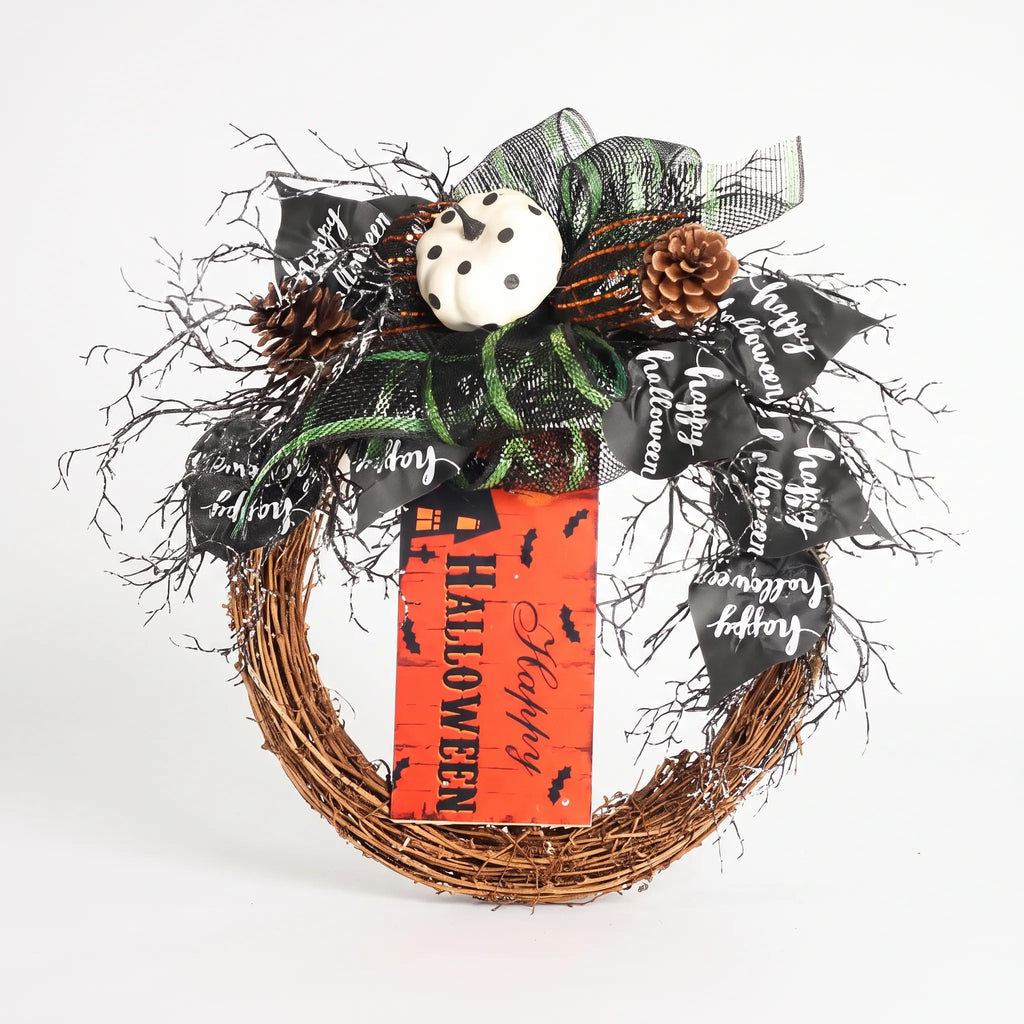 Halloween Wreath Front Door Hanging Decoration with Pumpkin Sign 40cm
