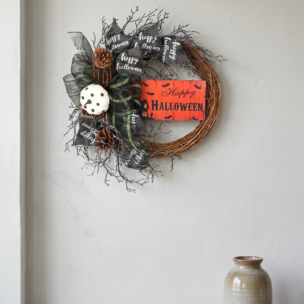 Halloween Wreath Front Door Hanging Decoration with Pumpkin Sign 40cm