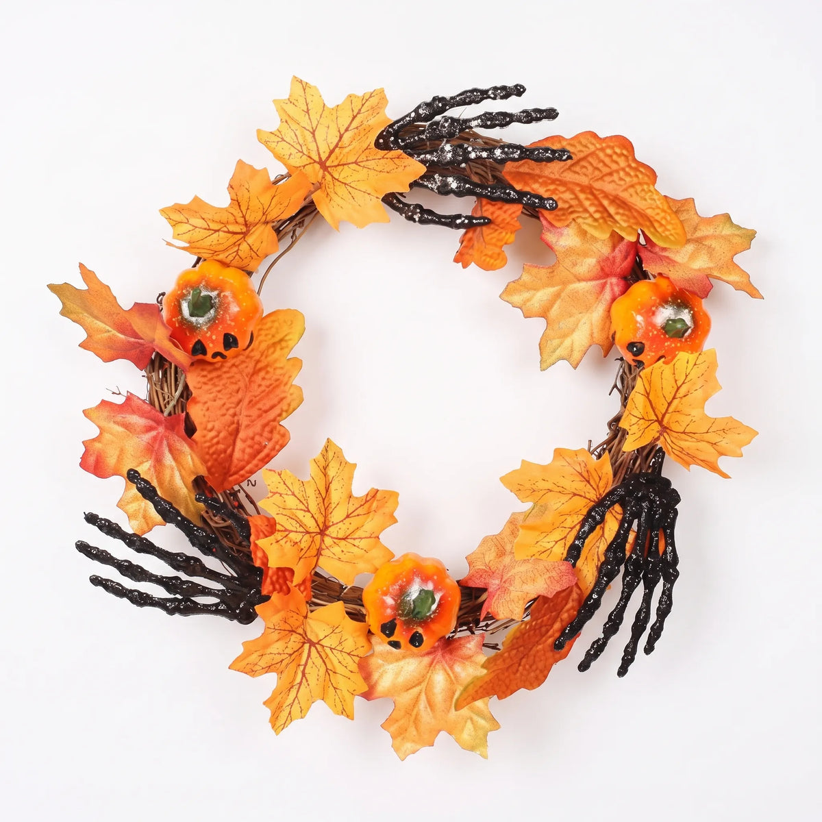 Halloween Wreath with Skeleton Hands and Pumpkins