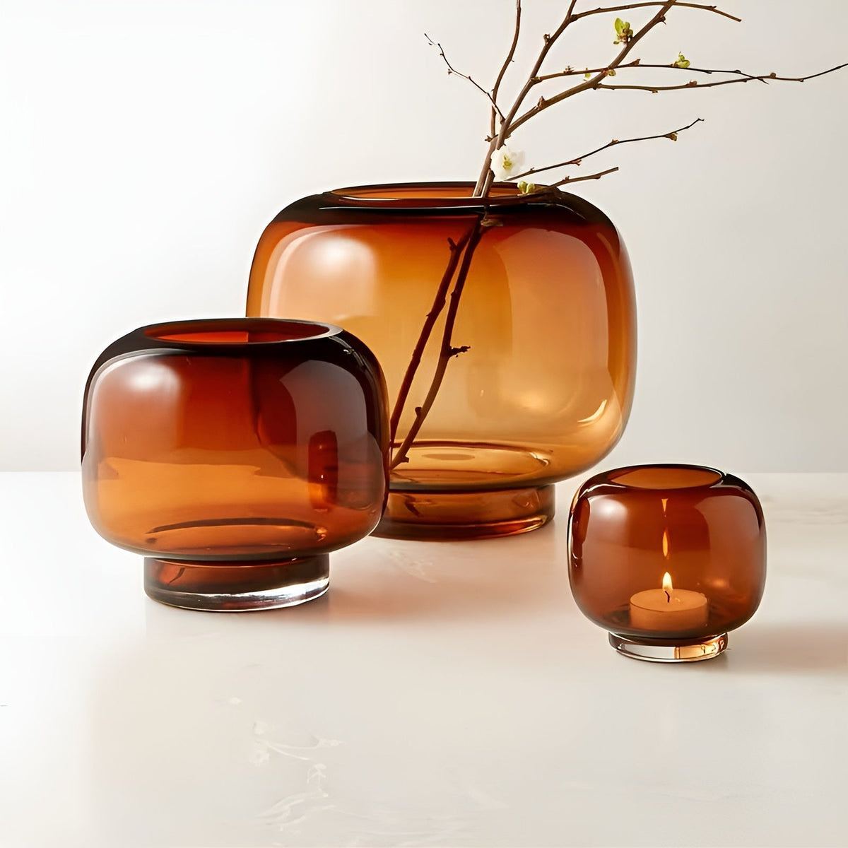 Hand-Blown Amber Glass Vase, Round, for Flowers and Hydroponics