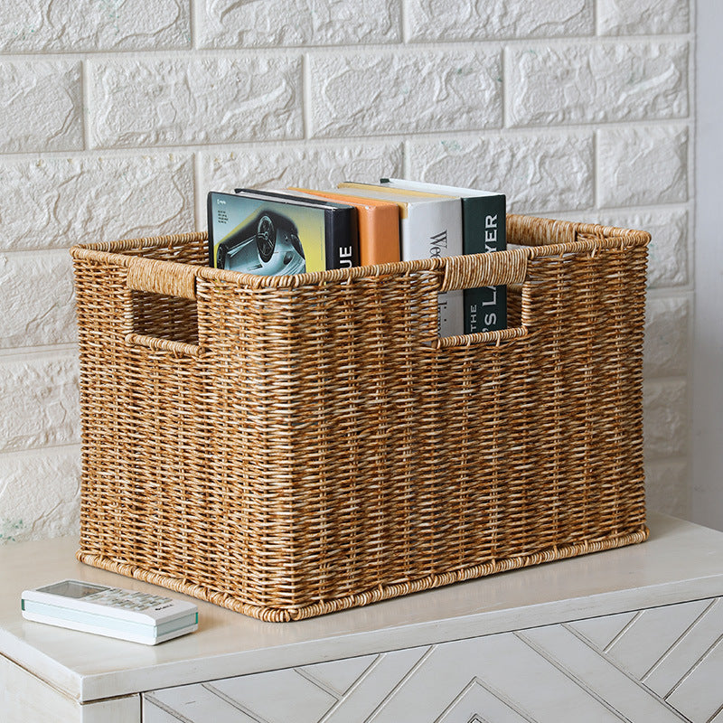 Handcrafted Rectangular Wicker Storage Bin with Cut-Out Handles